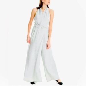MAX STUDIO LONDON Sz XL Light Grey Slab Halter Neck Cross Wide Leg Jumpsuit NEW